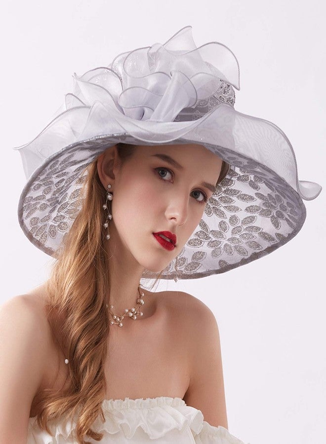 ORIDOOR Women’s Organza Church Tea Party Wedding Fascinator Hat UV-Anti Wide Brim Sun Hats A Grey, One Size - Image 3